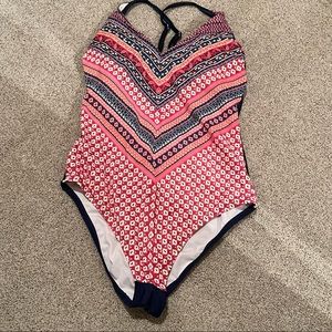 Kona sol size L one piece swimsuit red pattern on navy